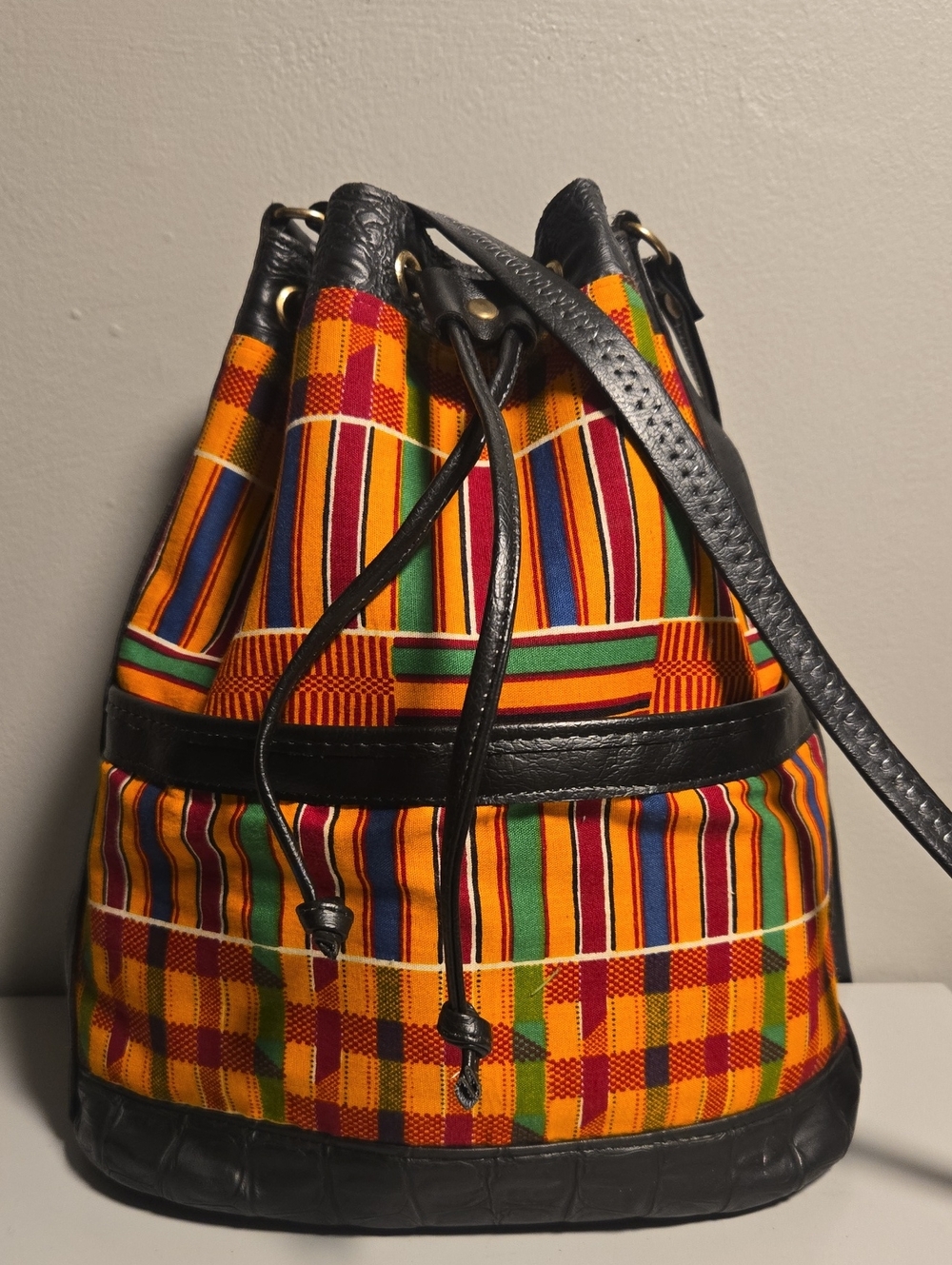 Multicolor Kente-Print Drawstring Shoulder Bag with Black Trim